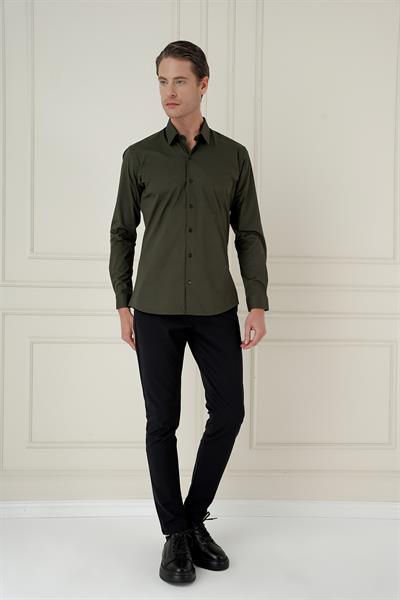 Slim Fit Erkek Yaka Esnek Pamuk Uzun Kol Haki Gömlek GK 745