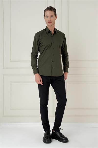 Slim Fit Erkek Yaka Esnek Pamuk Uzun Kol Haki Gömlek GK 745