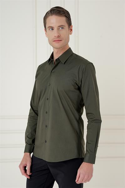 Slim Fit Erkek Yaka Esnek Pamuk Uzun Kol Haki Gömlek GK 745
