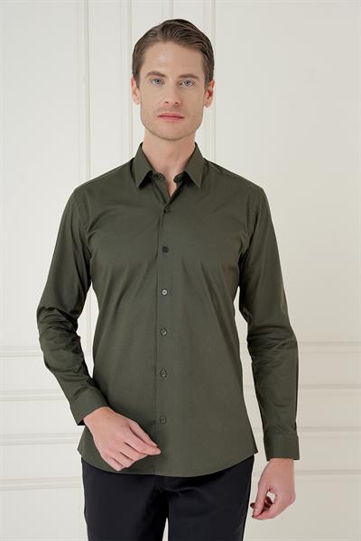 Slim Fit Erkek Yaka Esnek Pamuk Uzun Kol Haki Gömlek GK 745