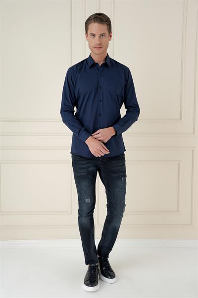 Slim Fit Pamuk Uzun Kol Klasik Lacivert Gömlek  Gk 745