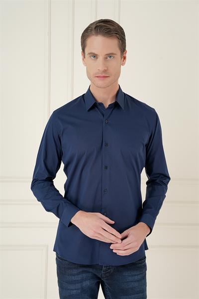 Slim Fit Pamuk Uzun Kol Klasik Lacivert Gömlek  Gk 745
