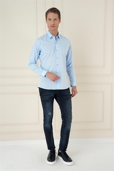 Slim Fit Pamuk Uzun Kol Klasik Mavi Gömlek  Gk 745