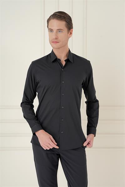 Slim Fit Pamuk Uzun Kol Klasik Siyah Gömlek  Gk 745