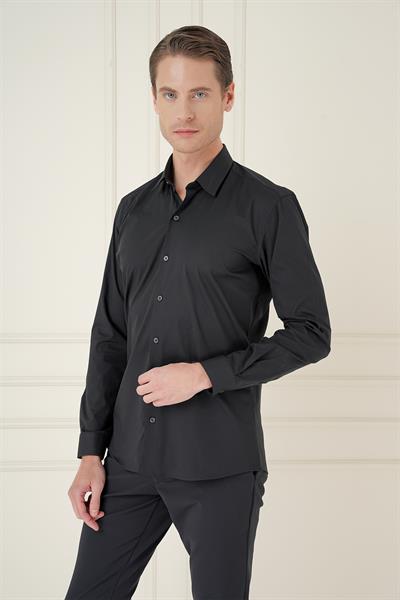 Slim Fit Pamuk Uzun Kol Klasik Siyah Gömlek  Gk 745