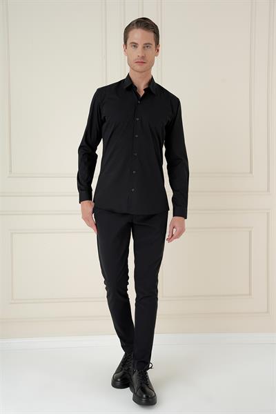 Slim Fit Pamuk Uzun Kol Klasik Siyah Gömlek  Gk 745