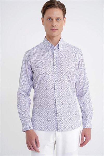 Slim Fit Pamuklu Baskılı Desen Yaka Düğmeli Gri Gömlek G 1603