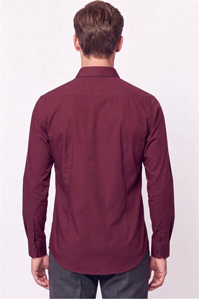 Slim Fit  Pamuklu Bordo Gömlek G 1607  