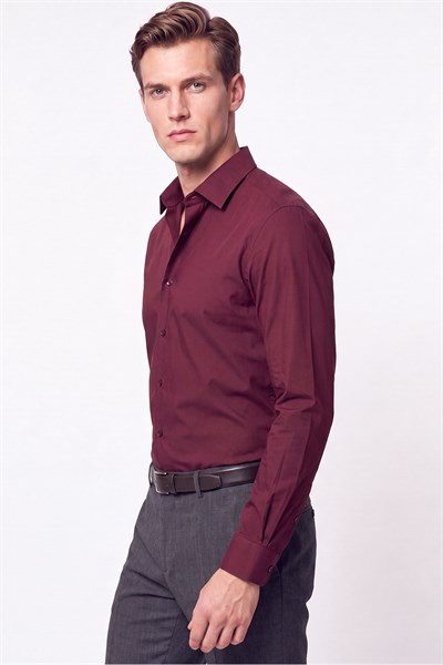 Slim Fit  Pamuklu Bordo Gömlek G 1607  