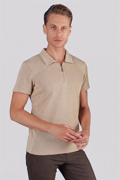 Slim Fit Pamuklu Fermuarlı Polo Yaka Bej Tişört Ts 871