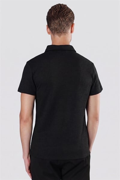 Slim Fit Pamuklu Fermuarlı Polo Yaka Siyah Tişört Ts 871