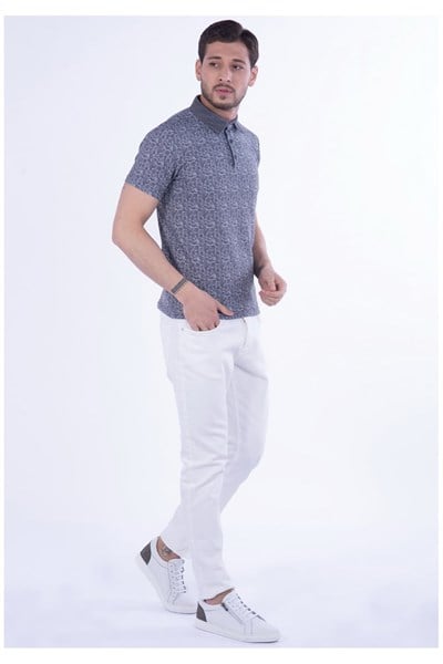Slim Fit Pamuklu Karma Desenli Siyah Polo Yaka Tişört TS 799