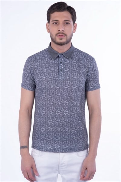 Slim Fit Pamuklu Karma Desenli Siyah Polo Yaka Tişört TS 799