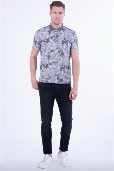 Slim Fit Pamuklu Karma Desenli Siyah Polo Yaka Tişört TS 805