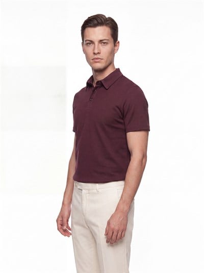 Slim Fit Pamuklu Kıvrılmaz Polo Yaka Bordo Tişört TS 928