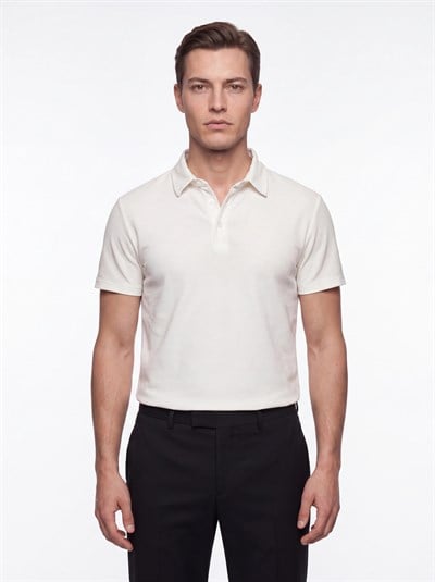 Slim Fit Pamuklu Kıvrılmaz Polo Yaka Ekru Tişört TS 928
