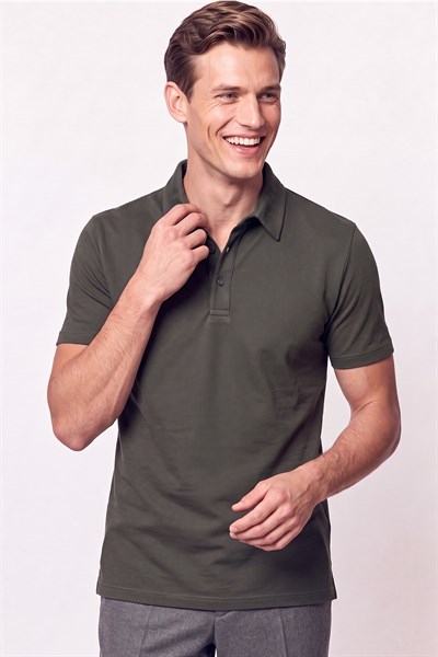 Slim Fit Pamuklu Kıvrılmaz Polo Yaka Haki Tişört TS 928