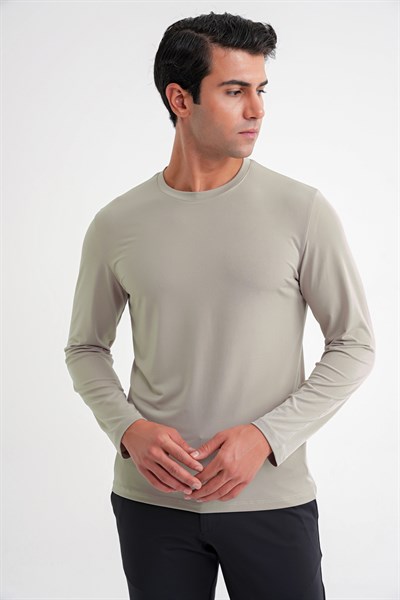 Slim Fit Pamuklu Kumaş Uzun Kollu Bej Tişört TS 917