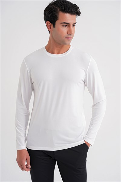 Slim Fit Pamuklu Kumaş Uzun Kollu Ekru Tişört TS 917