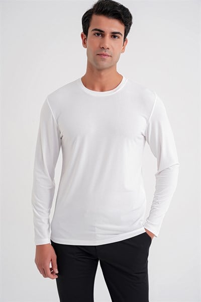 Slim Fit Pamuklu Kumaş Uzun Kollu Ekru Tişört TS 917