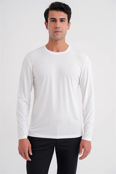 Slim Fit Pamuklu Kumaş Uzun Kollu Ekru Tişört TS 917