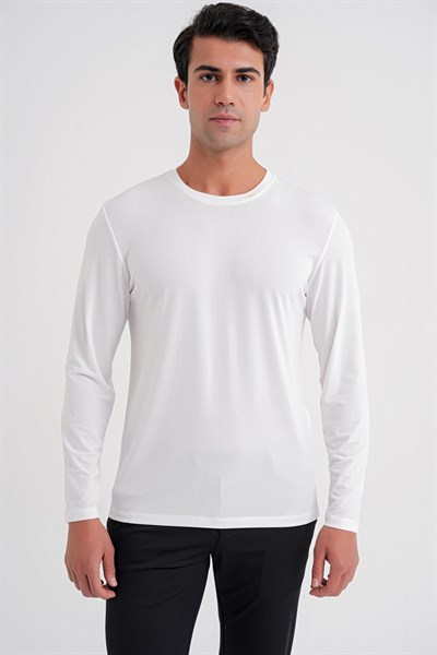 Slim Fit Pamuklu Kumaş Uzun Kollu Ekru Tişört TS 917