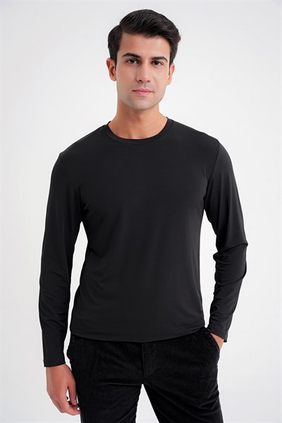 Slim Fit Pamuklu Kumaş Uzun Kollu Siyah Tişört TS 917