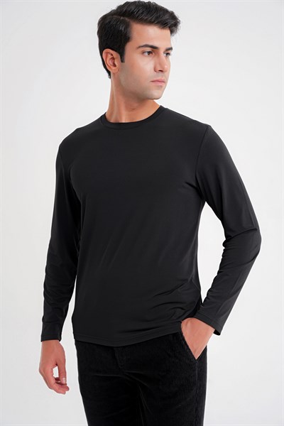 Slim Fit Pamuklu Kumaş Uzun Kollu Siyah Tişört TS 917