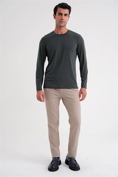 Slim Fit Pamuklu Kumaş Uzun Kollu Yeşil Tişört TS 917