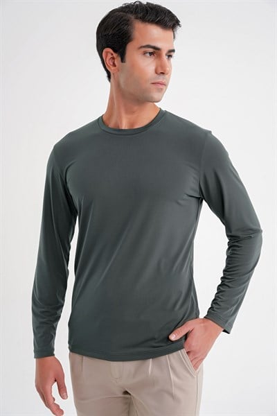 Slim Fit Pamuklu Kumaş Uzun Kollu Yeşil Tişört TS 917