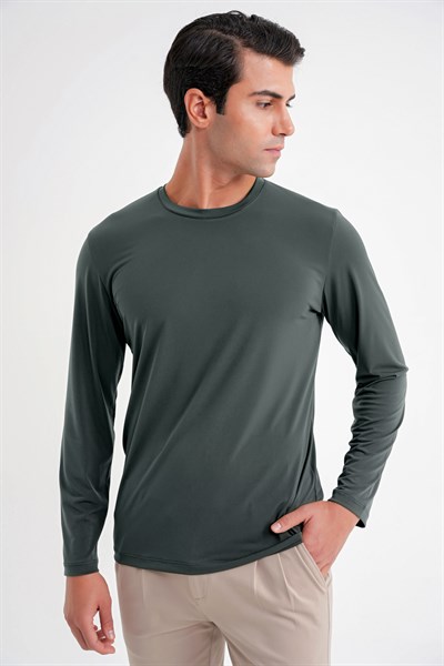 Slim Fit Pamuklu Kumaş Uzun Kollu Yeşil Tişört TS 917
