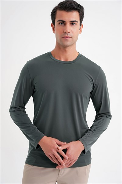Slim Fit Pamuklu Kumaş Uzun Kollu Yeşil Tişört TS 917