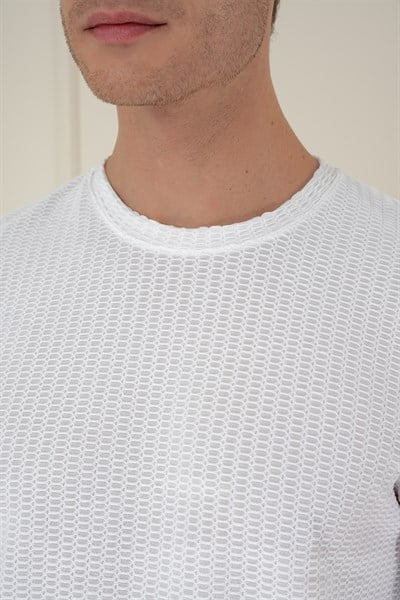 Slim Fit Pamuklu Petek Dokuma Uzun Kollu Polo Yaka Beyaz Tişört TS 891