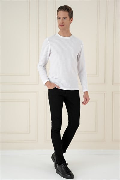 Slim Fit Pamuklu Petek Dokuma Uzun Kollu Polo Yaka Beyaz Tişört TS 891