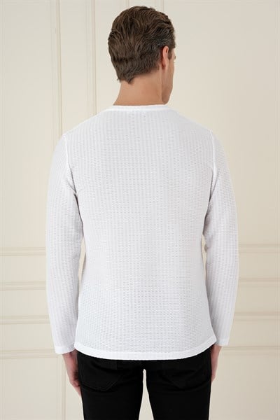Slim Fit Pamuklu Petek Dokuma Uzun Kollu Polo Yaka Beyaz Tişört TS 891
