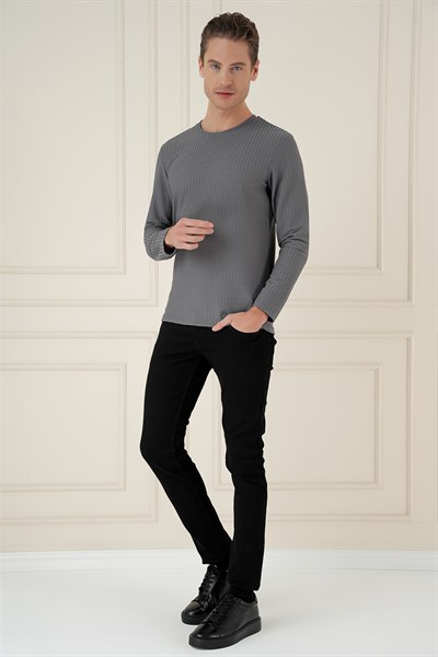 Slim Fit Pamuklu Petek Dokuma Uzun Kollu Polo Yaka Gri Tişört TS 891