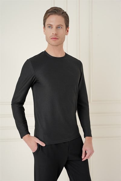 Slim Fit Pamuklu Petek Dokuma Uzun Kollu Polo Yaka Siyah Tişört TS 891