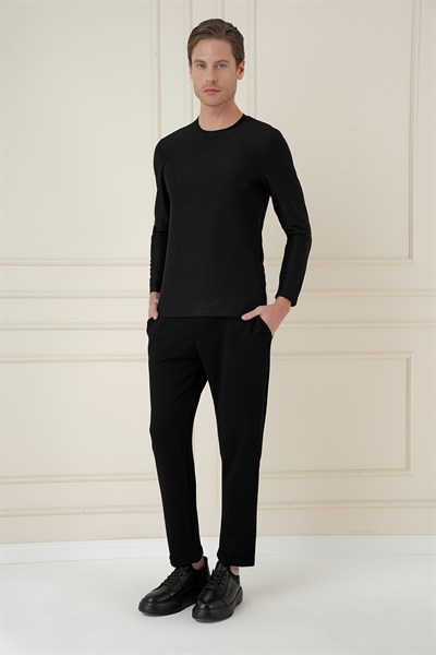 Slim Fit Pamuklu Petek Dokuma Uzun Kollu Polo Yaka Siyah Tişört TS 891