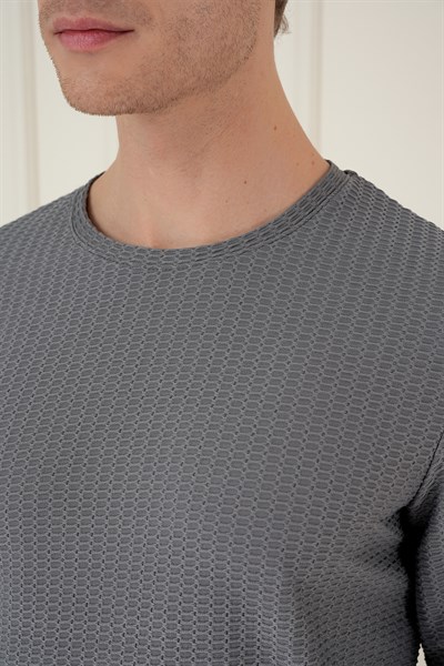 Slim Fit Pamuklu Petek Dokuma Uzun Kollu Polo Yaka Gri Tişört TS 891