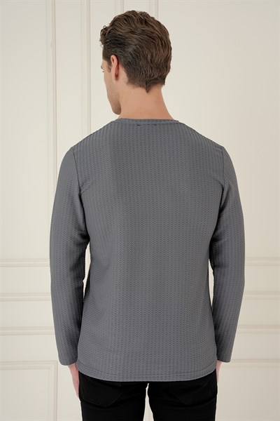 Slim Fit Pamuklu Petek Dokuma Uzun Kollu Polo Yaka Gri Tişört TS 891