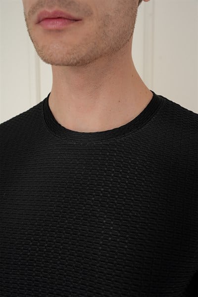 Slim Fit Pamuklu Petek Dokuma Uzun Kollu Polo Yaka Siyah Tişört TS 891