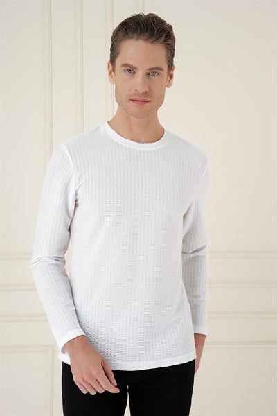 Slim Fit Pamuklu Petek Dokuma Uzun Kollu Polo Yaka Beyaz Tişört TS 891