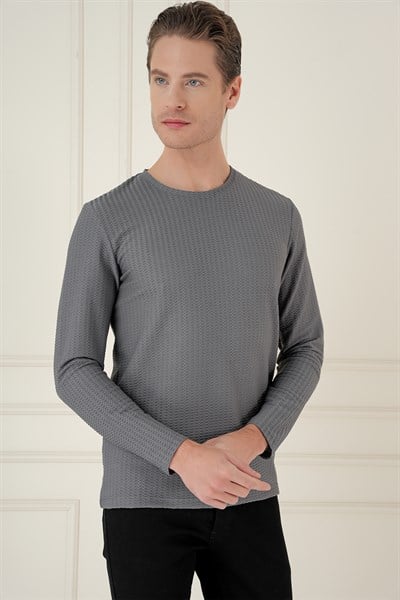 Slim Fit Pamuklu Petek Dokuma Uzun Kollu Polo Yaka Gri Tişört TS 891
