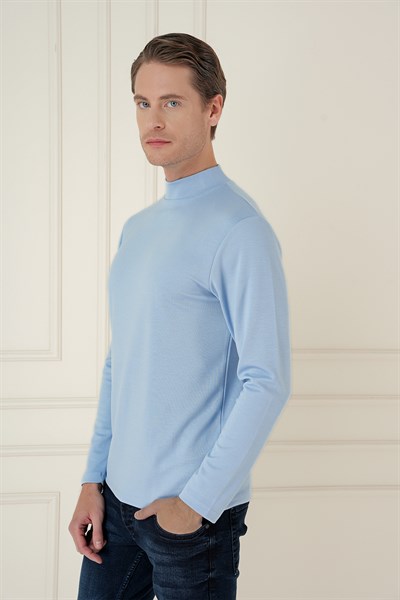 Slim Fit Pamuklu Uzun Kollu Açık Mavi Yarım Boğazlı Tişört TS 894