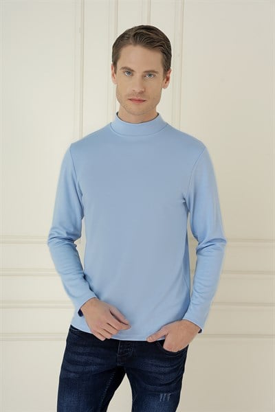 Slim Fit Pamuklu Uzun Kollu Açık Mavi Yarım Boğazlı Tişört TS 894