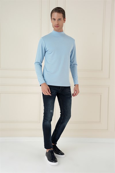 Slim Fit Pamuklu Uzun Kollu Açık Mavi Yarım Boğazlı Tişört TS 894