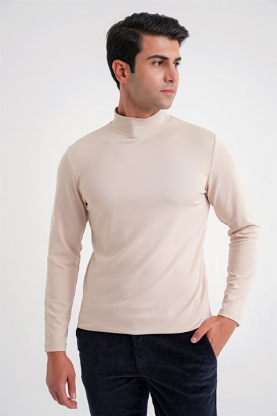 Slim Fit Pamuklu Uzun Kollu Bej Yarım Boğazlı Tişört TS 894