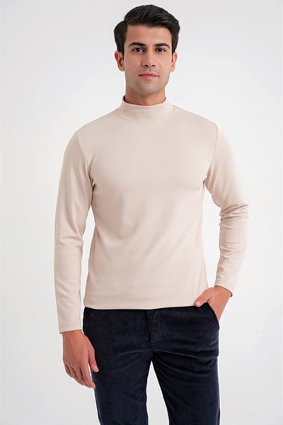 Slim Fit Pamuklu Uzun Kollu Bej Yarım Boğazlı Tişört TS 894