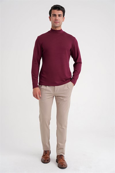 Slim Fit Pamuklu Uzun Kollu Bordo Yarım Boğazlı Tişört TS 894