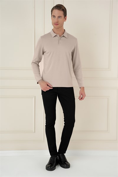Slim Fit Pamuklu Uzun Kollu Düğmeli Bej Polo Yaka Tişört TS 893